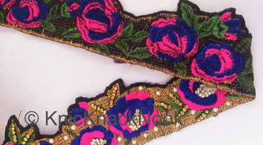 Wholesale Floral Embroidered Fabric Trim In Gold, Black, Pink and Blue Embroidery With Pearl Beads and Rhinestones